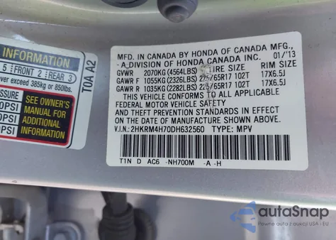 2013 Honda Cr-V Ex-L из США, поврежденный, VIN 2HKRM4H70DH632560